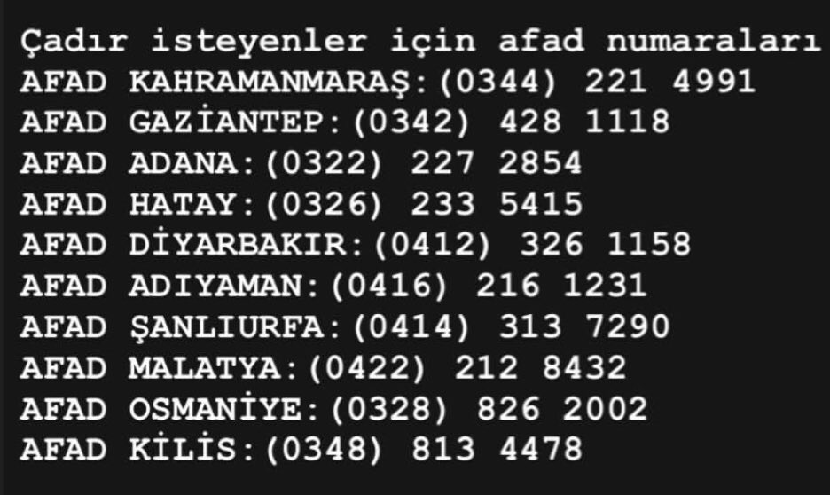 zikysh's tweet photo. 🚨LÜTFEN YAYALIM 🚨
Arkadaşlar havalar baya soğudu şu saatlerde en önemli ihtiyaçlardan biri çadırlardır.
Bu numaraları lütfen yayalım , teyitli bilgi.
#DEPREM 
#TurkeySyriaEarthquake 
#AFAD 
#ahbap https://t.co/1AQ4VIzdJs