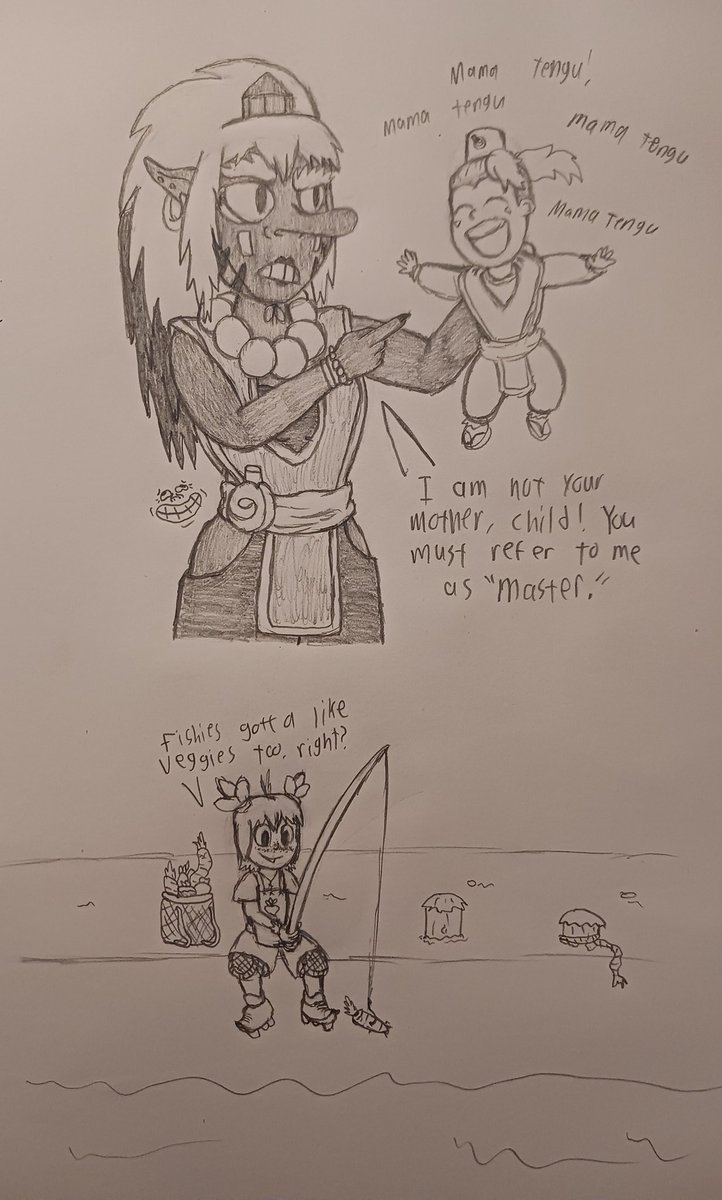Dommer4kill's tweet photo. Got some new sketches I did and done!
Got Master Tengu, who I think I might get the colors down for with whatever I draw next, trying to deal with a bab Yiyo and Kailan going fishing in the City of Rivers.
#D4KComics https://t.co/3mbVZb8uDt