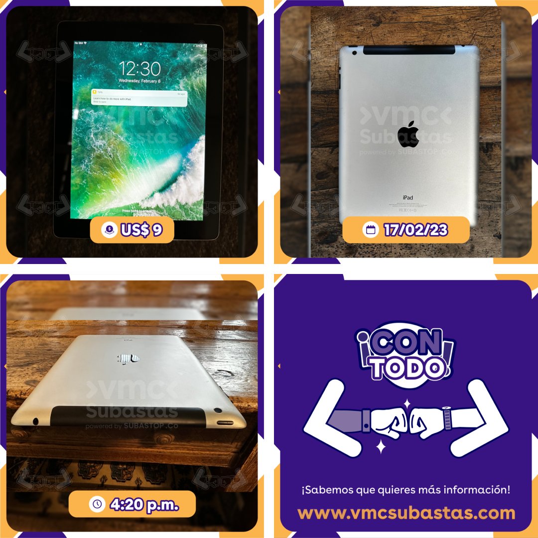 vmcsubastas's tweet image. 📱¡Participa y gana LA OPORTUNIDAD DE COMPRAR EL IPAD A1459 de tus sueños!🤯

💸Precio Base: US$ 9
🗓VIERNES 17 de febrero a las 4:20 pm
Encuentra todos los dispositivos disponibles para ti 👇🏼
vmcsubastas.com/oferta/41498

#semanatech #vmcsubastas #vmclogra #apple #iPad