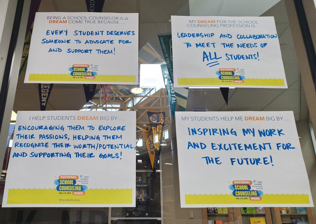 This week's #NSCW23 theme is 'School Counselors: Helping Students DREAM BIG'. Whatever students need to be successful at school, we're here for! Come check out some of the department's' School Counseling dreams.

#AcademicAdvising #PostsecondaryPlanning #SocialEmotionalLearning