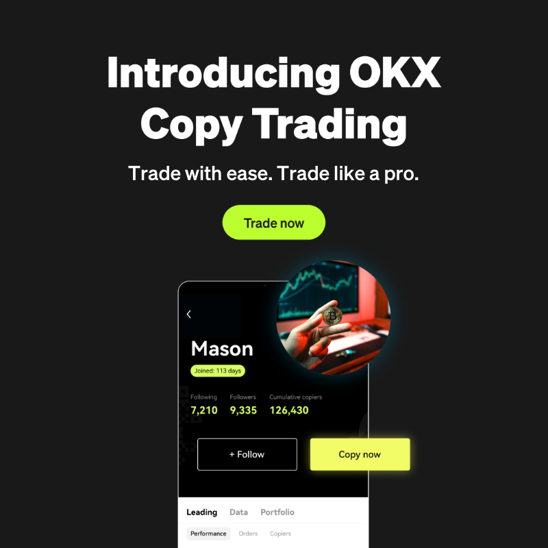 okx's tweet photo. Brilliant minds trade alike. 😏

#OKX Copy Trading empowers you to duplicate 𝙚𝙫𝙚𝙧𝙮 move from leading traders in a snap, and keep track of real-time P&amp;L on the go. 

Start trading #crypto like the pros ⤵️