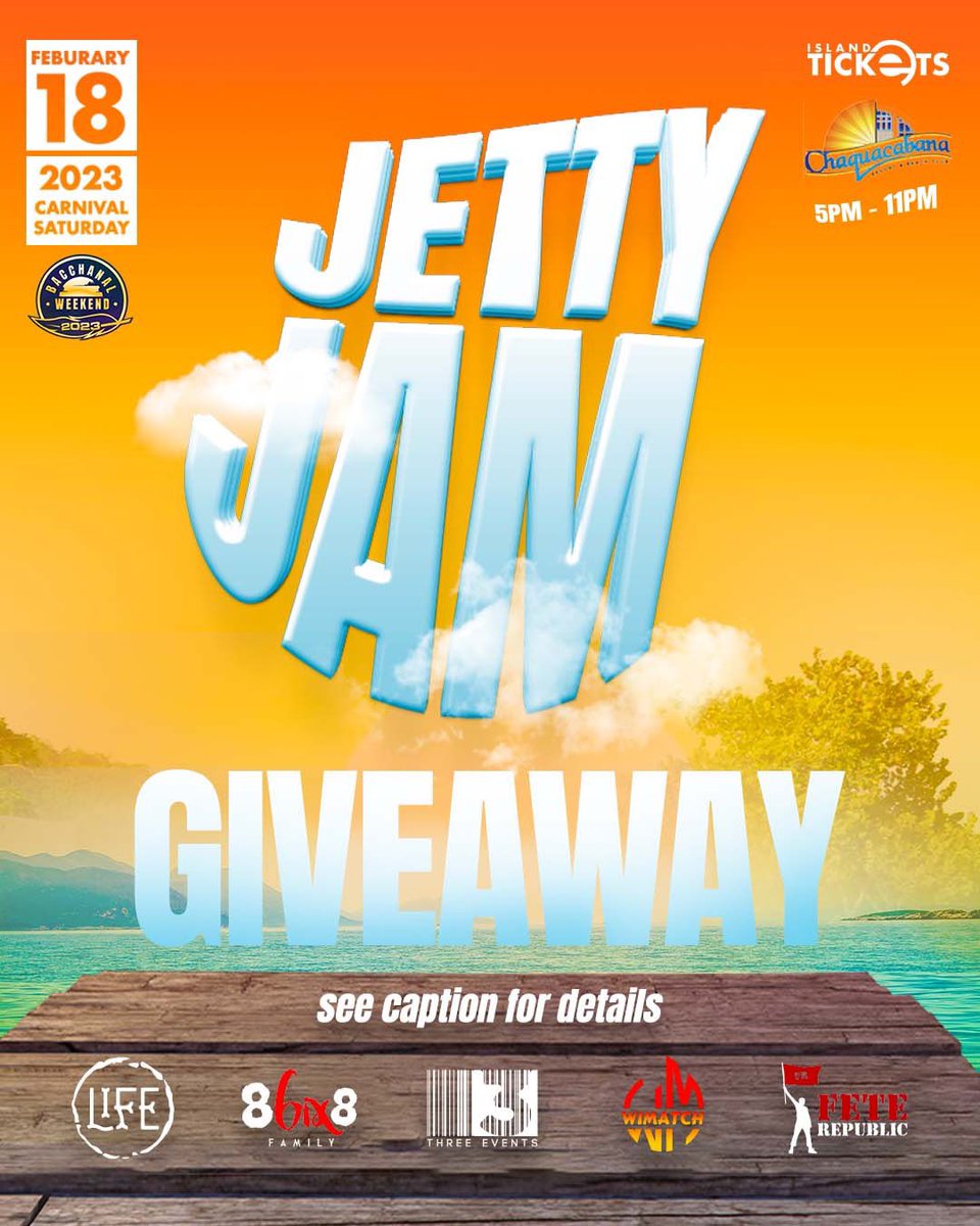 LIF3TT's tweet image. It’s Giveaway Time!!

Win⬇️

🚗 Reserved Parking 
🎟️ 4 Tickets
🧉 2 Bottles of GTC
🍾 1 Bottle of Champagne
🍹 1 Bottle of Angostura Rum
🍻 1 Case of Stag Beer

1) Quote this tweet with a GIF of your Jetty Jam Mood!

2) Tag 3 friends 

3) Use the hashtag #JettyJamMood