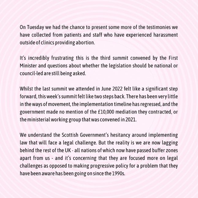Important statement from <a href="/backoffscotland/">Back Off Scotland</a> - the grassroots campaigners who built political consensus on the need for a buffer zone law in Scotland. 

As a minimum, Back Off should have places on the <a href="/scotgov/">Scottish Government</a> working group. Every day the Bill is delayed puts more women at risk.