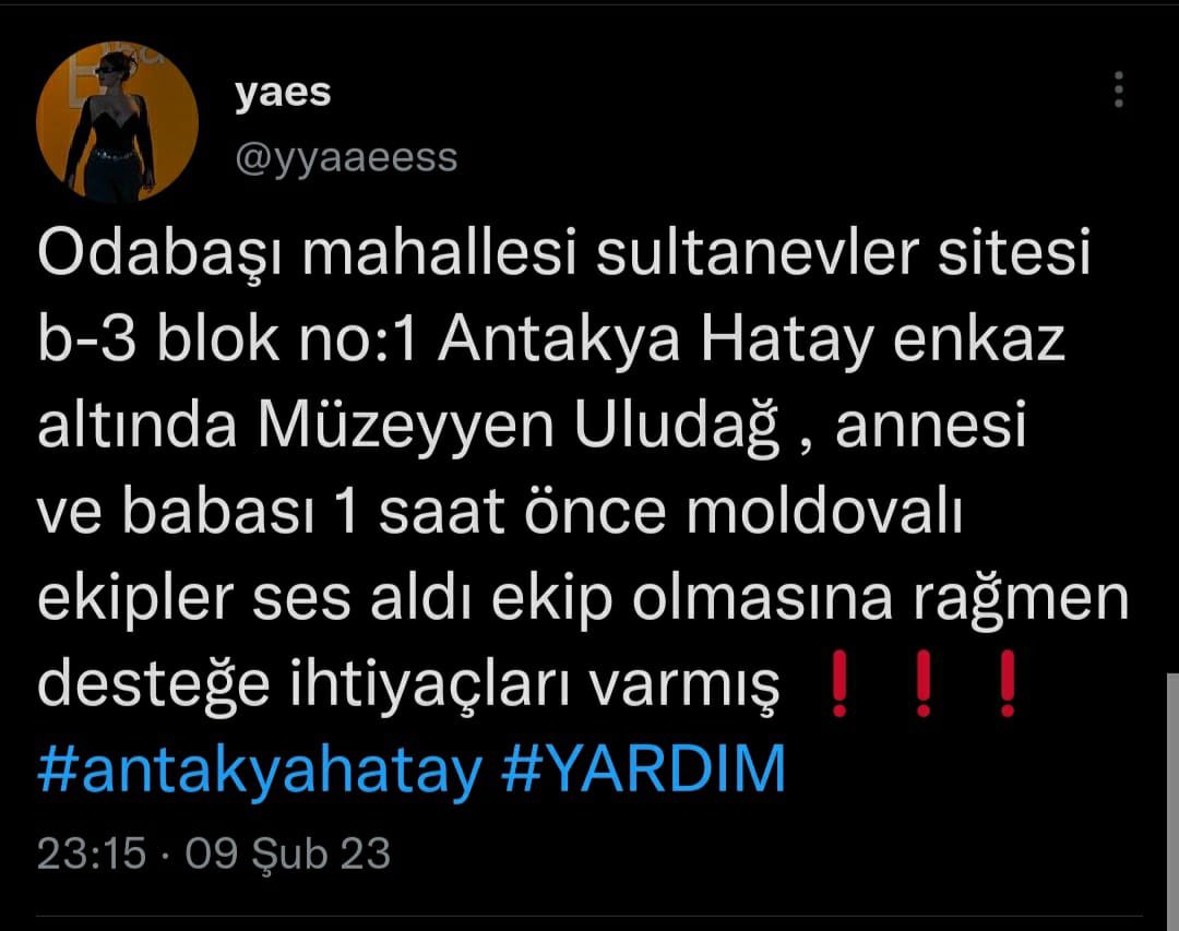 mertaltunbas's tweet photo. @NoContextSag TEYİTLİ Sınıf arkadaşımız Müzeyyen Uludağ annesi ve babası ile beraber 4 gündür enkaz altında moldovalı ekipler ses almış destek bekleniyor LÜTFEN PAYLAŞIN https://t.co/jQwL197mZI