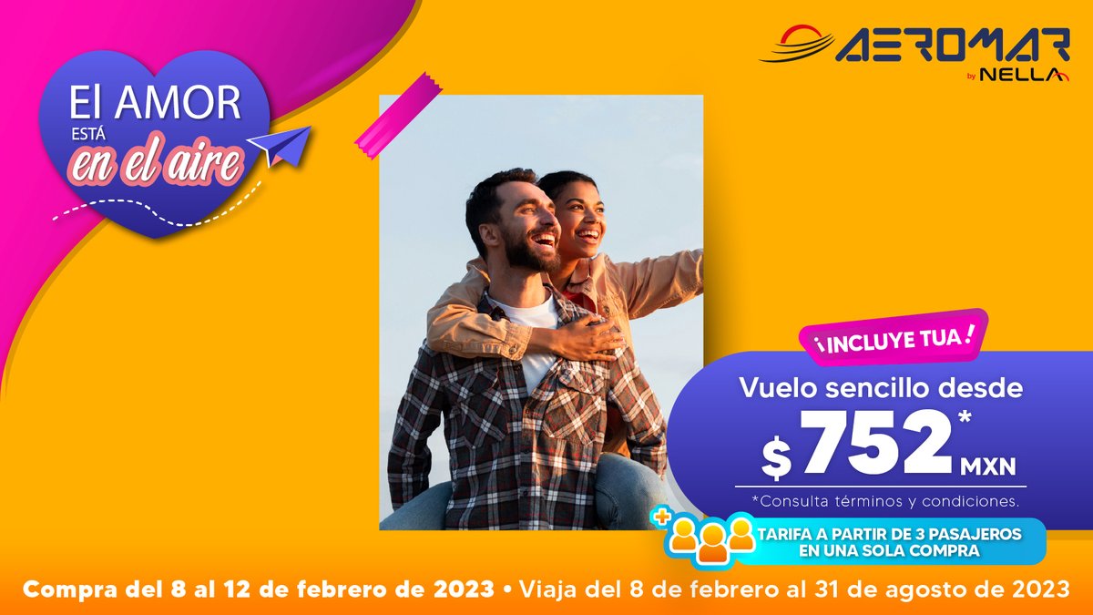 Viajar juntos siempre será increíble! 
Vuela desde $752* MXN  
Incluye equipaje de mano y bebidas de cortesía 
Reserva ahora en aeromar.mx 
#Elamorestaenelaire

*Consulta términos y condiciones