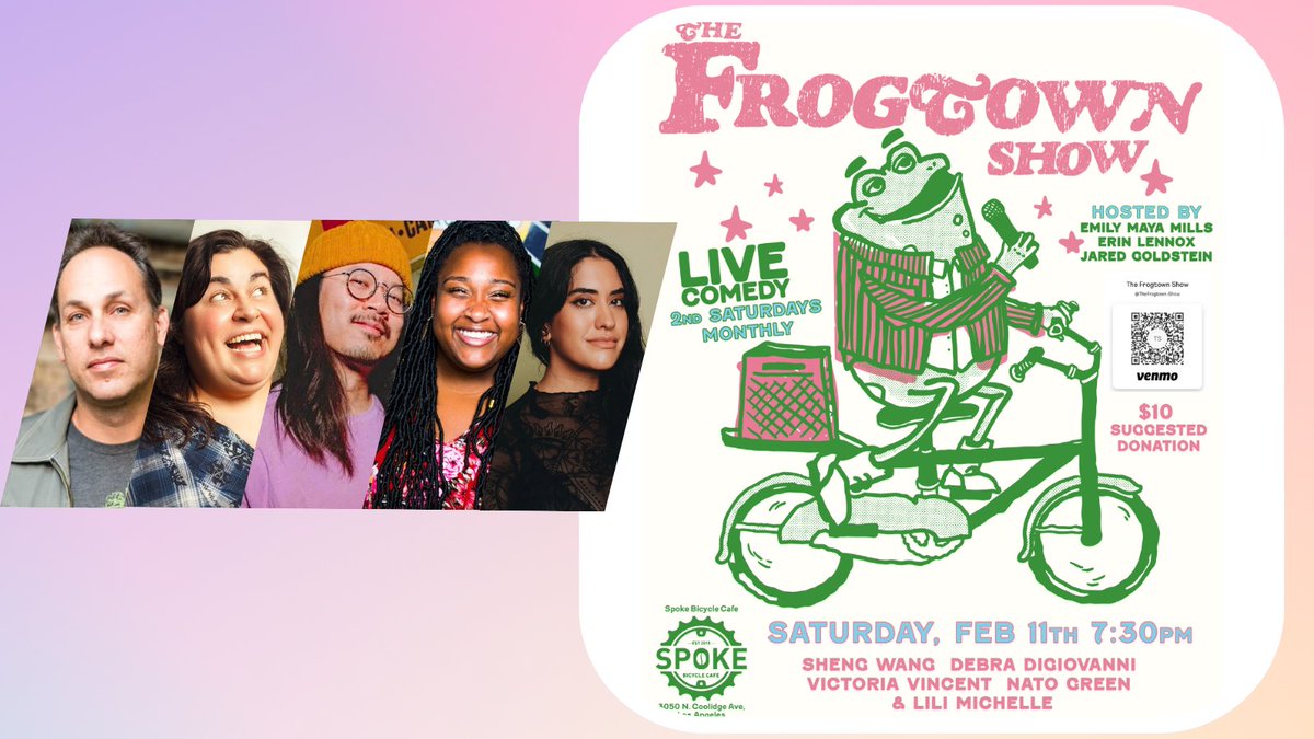Bring out your people this Saturday because we are back! Featuring: <a href="/shengwangtime/">sheng wang</a> @DebraDiGiovanni <a href="/lilsmichelle/">lili michelle لیلی</a> <a href="/natogreen/">Nato Green</a> @victoriaisokay with hosts Jared Goldstein <a href="/emilymayamills/">Emily Maya Mills</a> and @ErinDeweyLennox ! See you at <a href="/spoke_lariver/">Spoke Bicycle Cafe</a> 🐸 ❤️
