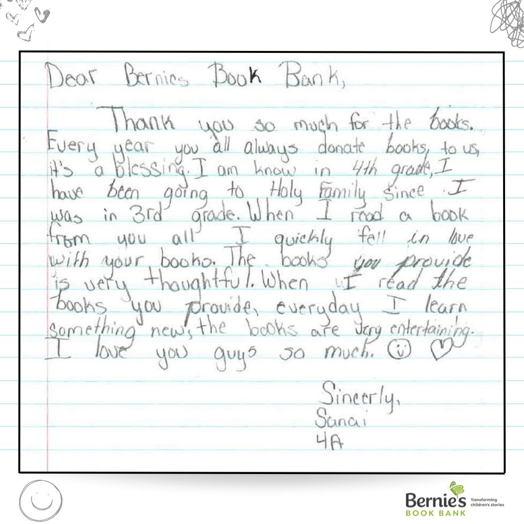 berniesbookbank's tweet photo. "I read the books you provide, everyday I learn something new" 💚 

This is why we envision a future where every child has equal access to books and the opportunities they inspire!

#TransformingStories #PathwaysThroughPages #ThankYouNoteThursday #Books #NonProfit #FeelGoodPost https://t.co/G72iEpRdyT