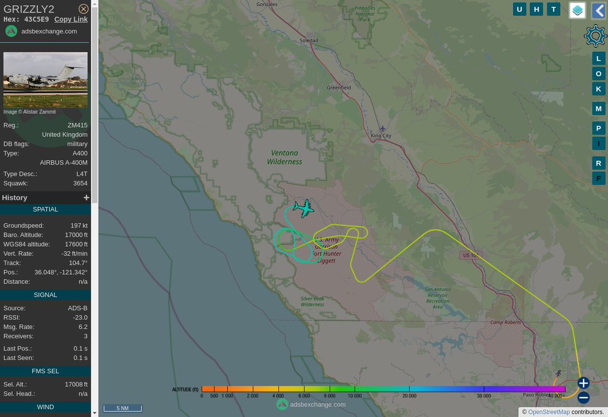 Radar_Assistant's tweet image. MULTI ADSBX MANOEUVRING ALERT : At time Thu Feb  9 22:00:36 2023 #GRIZZLY2 was likely to be manoeuvring at FL159 9nm from HGT Hunter_Liggett_NDB_US
 near Monterey County, CAL Fire Southern Region, Califor #AvGeek #ADSB globe.adsbexchange.com/?icao=43C5E9&amp;amp;z…