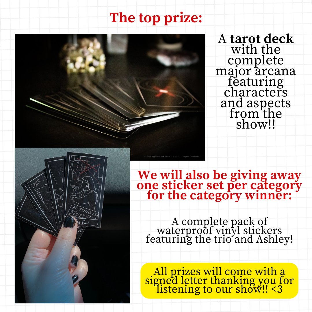 Roadxpodcast's tweet photo. ROAD X contest!!! Calling out artists, writers and animators for the chance to win a tarot deck and stickers from the show <3 

#roadxbigbang @Roadxpodcast 

#horrorpodcast #crimepodcast #roadx #lgbtpodcast
#ifyoulike #themagnusarchives #welcometonightvale  #contest #giveaway https://t.co/vF5g45BGvq