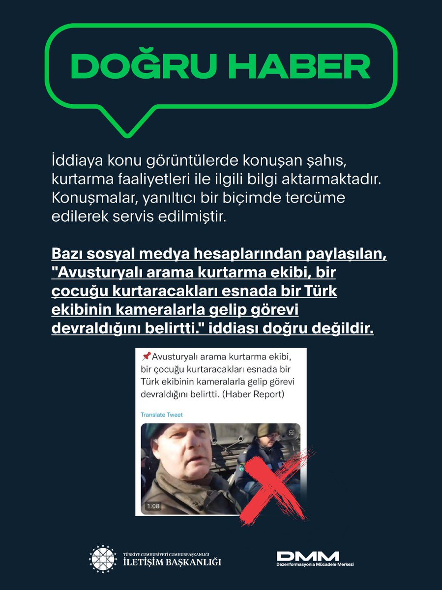 iletisim's tweet photo. Manipülatif içerikler karşısında vatandaşlarımızın dikkatli olmalarını, sosyal mecralarda yer alan asılsız iddialara itibar etmemelerini rica ediyoruz.

Devletimiz tüm olanaklarıyla, büyük bir titizlikle arama kurtarma çalışmalarını sürdürmektedir. https://t.co/ww0Q85Gxnj