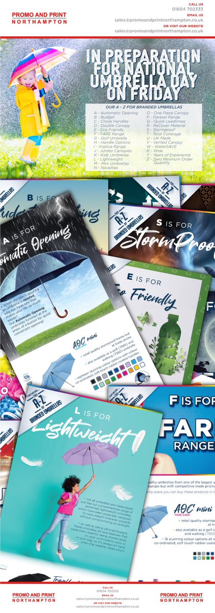 PromoPrintNton's tweet photo. Did you know that it is National Umbrella day this Friday? ☔️
Umbrellas are a fantastic way of getting you brand noticed. In 2020 there were 170 rain days in the UK… that’s 170 chances of brand exposure!
For more info, please contact us at sales@promoandprint.co.uk https://t.co/hC8ERl9qnz