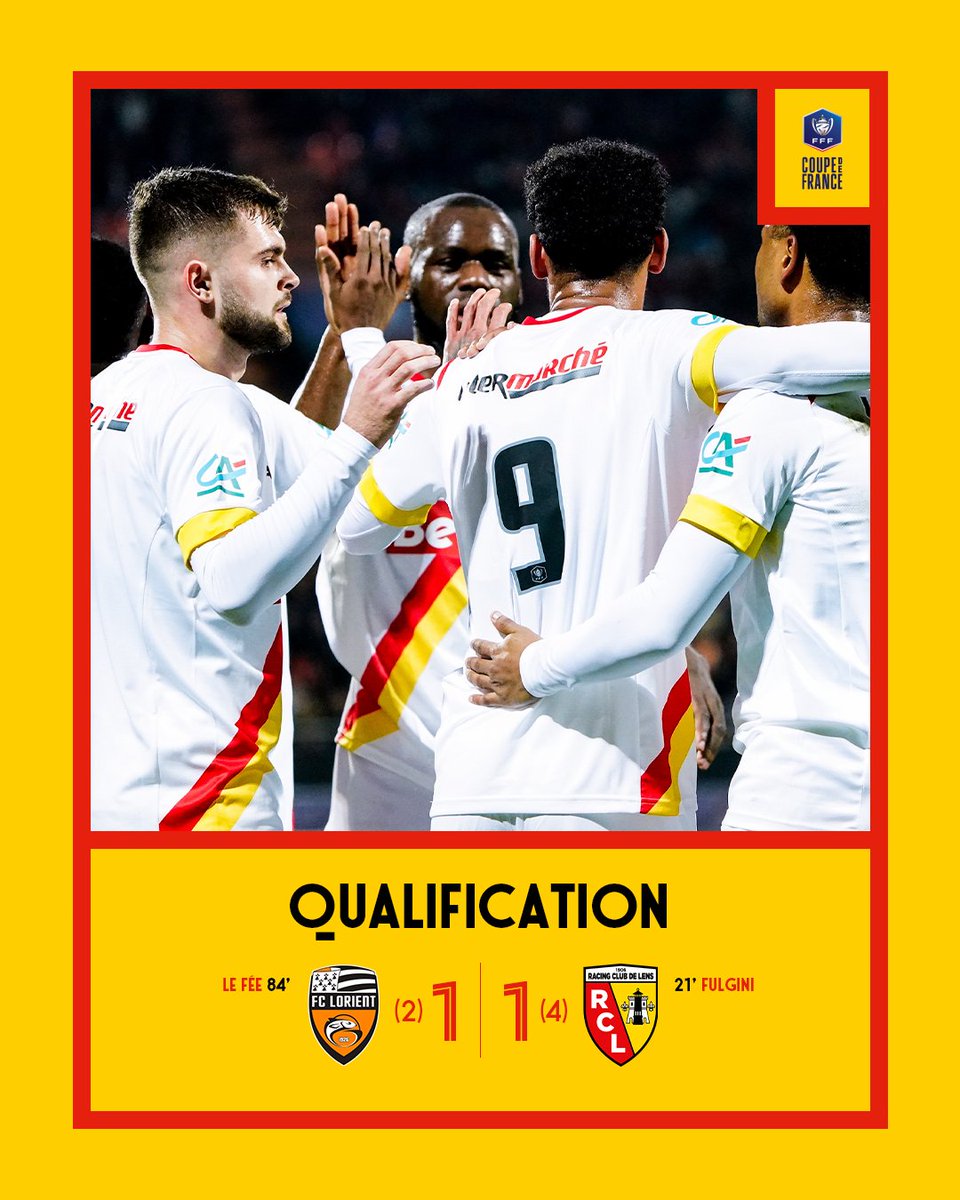 RCLens's tweet photo. 🏁 𝐃𝐢𝐫𝐞𝐜𝐭𝐢𝐨𝐧 𝐥𝐞𝐬 𝐪𝐮𝐚𝐫𝐭𝐬 💥

Au terme d'un sans-faute lors de la séance de tirs au but, le Racing se défait du piège lorientais et accède au prochain tour de la @coupedefrance 💪

#FCLRCL #CoupeDeFrance (1-1)

@FCLorient : ❌🟢🟢❌
@RCLens : 🟢🟢🟢🟢 https://t.co/ygxiPMP2uX