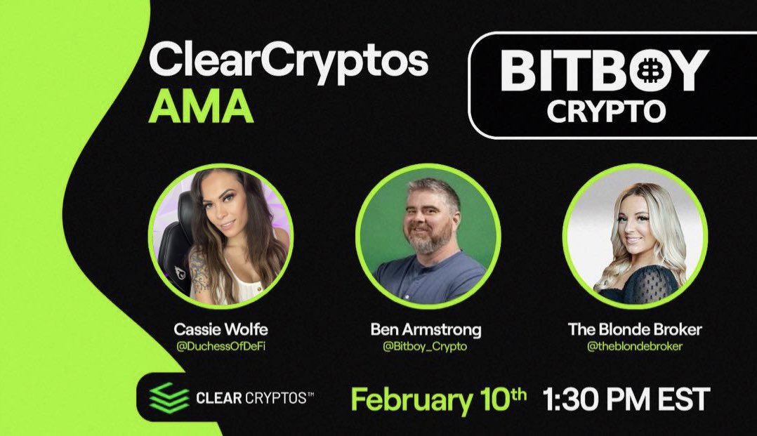 Join us for for an AMA with ClearCryptos on February 10th @ 1:30pm! 

Host: @Bitboy_Crypto
Co-Hosts: @DuchessOfDefi &amp; @TheBlondeBroker