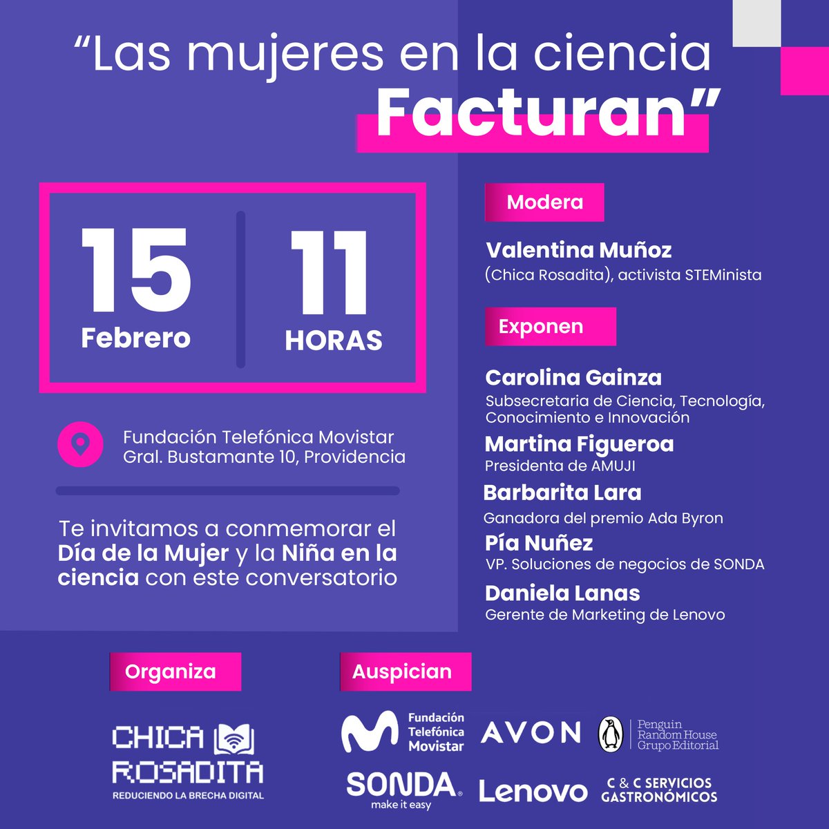 FTMovistarCL's tweet photo. 👉 ¡No te pierdas el conversatorio "Las Mujeres en la Ciencia Facturan" 👩🏻‍🔬 el próximo miércoles 15 a las 11:00 horas!

🧪 En el marco del #DiaInternacionalDeLaMujerEnLaCiencia, realizaremos junto a la activista STEMinista @chica_rosadita  un conversatorio sobre https://t.co/QxZUXjhZEY