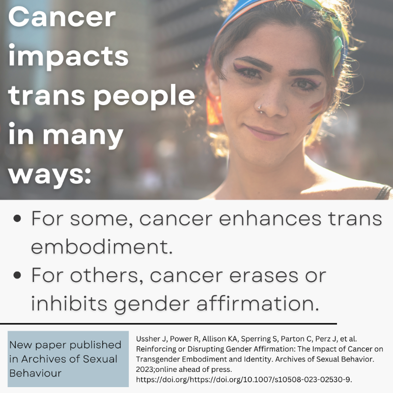 JaneUssher's tweet photo. #Cancer impacts #trans people in many ways: For some, cancer enhances trans #embodiment. For others, cancer erases or inhibits gender affirmation.

Read our latest open access paper in Archives of Sexual Behaviour! @OutWithCancer1

#genderaffirmation #transgender #LGBTQIA