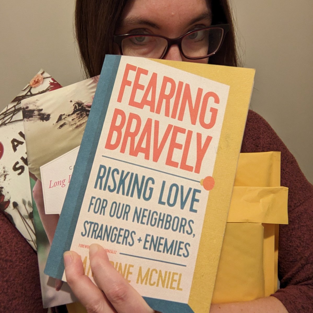 CatherineMcNiel's tweet photo. My arms are full of packages full of books and I'm off to the post office to mail them! If you'd like to buy a signed copy (or ten) of any of these three books, just let me know. There's always room for a few more!

#FearingBravely
#AllShallBeWellBook
#longdaysofsmallthings https://t.co/aSw4XQDV5j