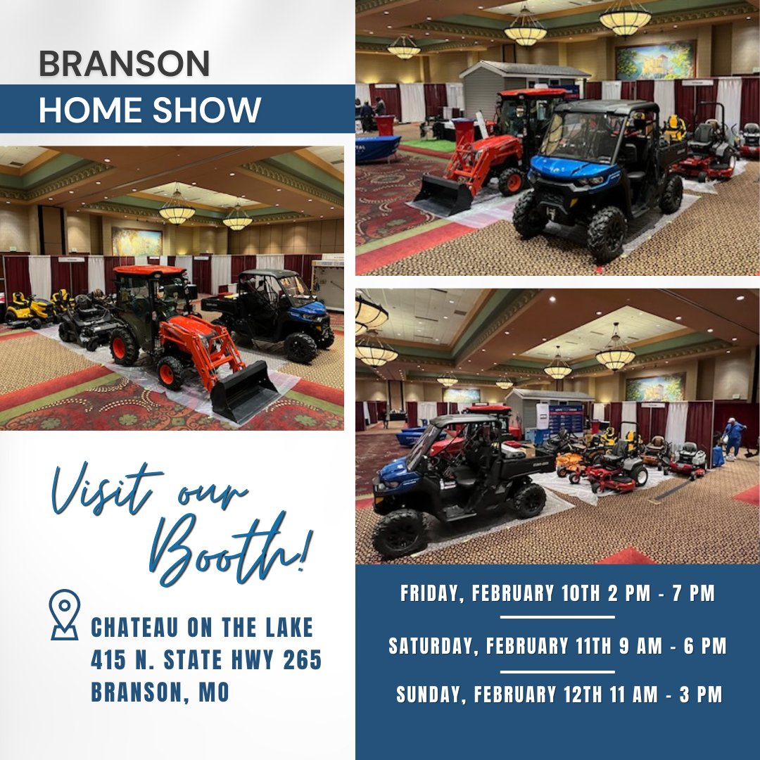 Set up for the Branson Home Show is underway! If you are in the Branson area, come see us this weekend!

Friday, Feb. 10th 2 PM – 7 PM
Saturday, Feb. 11th 9 AM – 6 PM
Sunday, Feb. 12th 11 AM – 3 PM

#SandHCountry #KIOTI #canam #spartanmowers #cubcadet #scagmowers #ExmarkMowers
