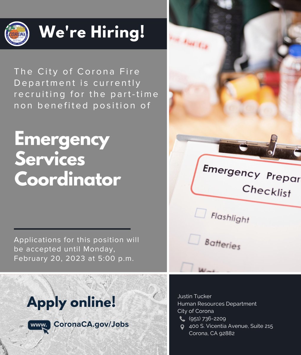 Our Fire Department is hiring an Emergency Services Coordinator. View details and apply online: https://t.co/FfaJ5M2TQo https://t.co/6KHJVdTNXs