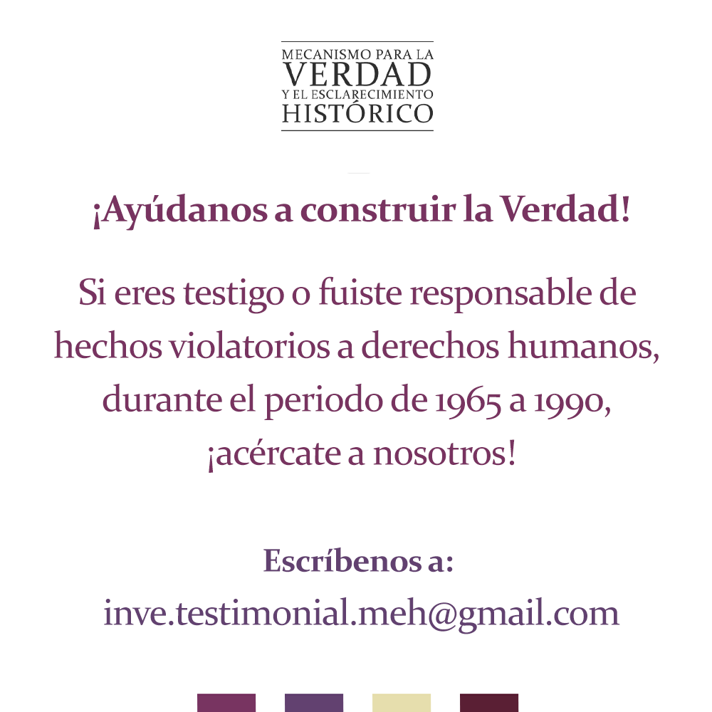 MEHistoricomx's tweet photo. 🔴#Participa ¿Tienes #información o fuiste #testigo de las graves violaciones a los #DerechosHumanos realizadas durante la #GuerraSucia?

📧 Escríbenos:  inve.testimonial.meh@gmail.com

🗣️ ¡Construyamos la #verdad! https://t.co/nHxakbvSlE