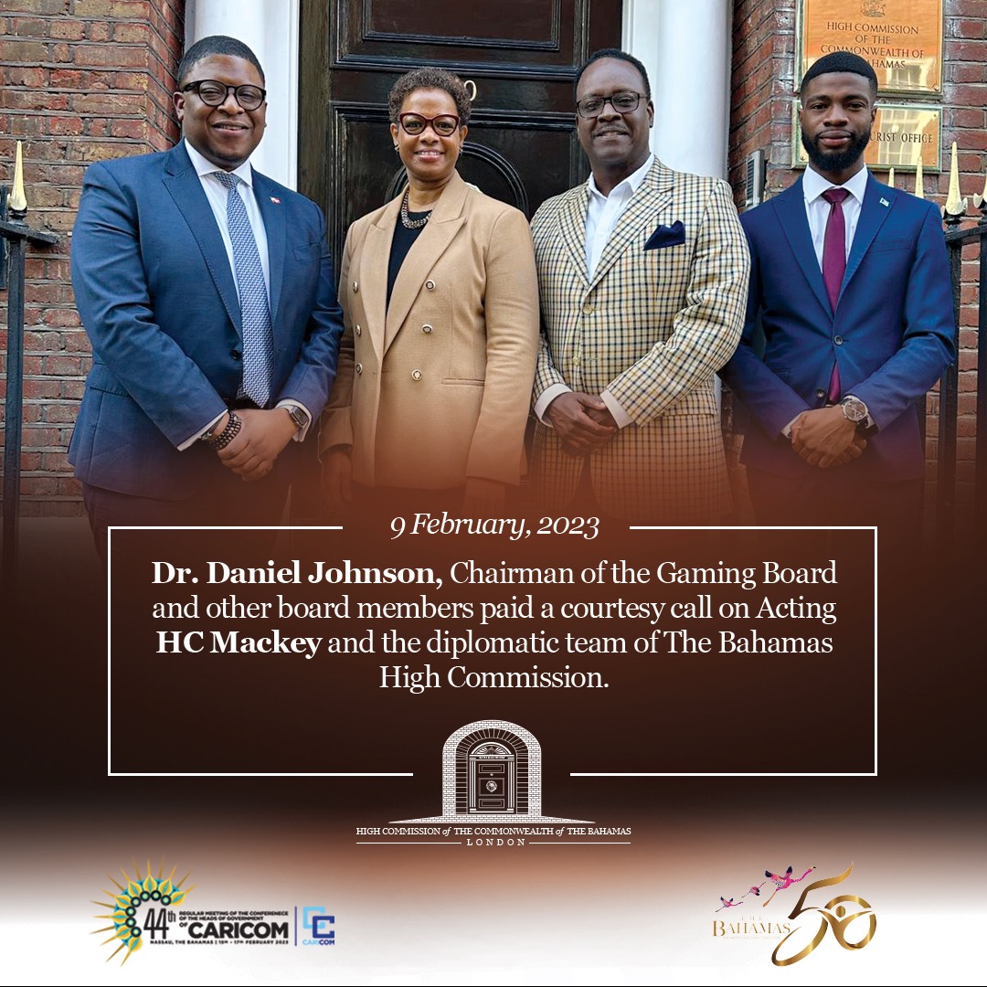 While attending the ICE London conference, executives of the Gaming Board of the Bahamas paid a courtesy call on Actg. HC Mackey and the diplomats at The Bahamas High Commission. 

(L) to (R): Actg. HC Mackey, Special Advisor Nortjé, Chairman Johnson and Second Secretary Smith.