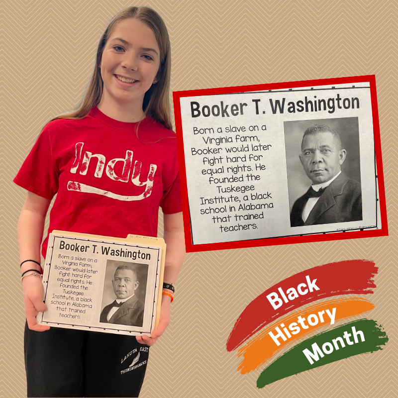 LakotaDistrict's tweet photo. To celebrate #BlackHistoryMonth, many #WEareLakota schools are highlighting a diff historical African American figure every day on AM announcements. Team Inspire is leading the charge @INDY_Lakota &amp; this student educated her classmates about Booker T. Washington. #studentvoice https://t.co/BjKoly3War