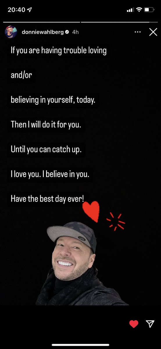 wickit1980's tweet photo. @DonnieWahlberg you have no idea how much I needed to hear this today. So much has been thrown at me in the last week, I’m struggling to find the time to love me. Thank you ❤️ https://t.co/7NhzM3Giie