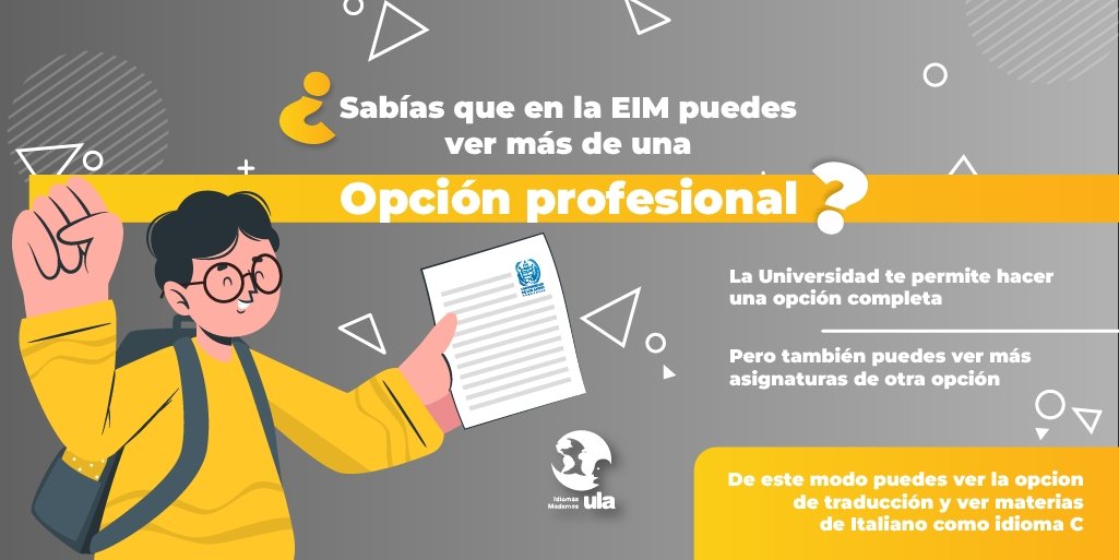 👩🏻‍🏫¿𝗦𝗮𝗯í𝗮𝘀 𝗾𝘂𝗲 𝗲𝗻 𝗹𝗮 EIM, 𝘁𝗶𝗲𝗻𝗲𝘀 𝗹𝗮 𝗼𝗽𝗰𝗶𝗼́𝗻 𝗱𝗲 𝗳𝗼𝗿𝗺𝗮𝗿𝘁𝗲 𝗺𝘂𝗰𝗵𝗼 𝗺𝗮́𝘀?

📌𝗬𝗮 𝗲𝗹𝗶𝗴𝗶𝗲𝗻𝗱𝗼 𝘂𝗻𝗮 𝗼𝗽𝗰𝗶𝗼́𝗻 𝗽𝗿𝗼𝗳𝗲𝘀𝗶𝗼𝗻𝗮𝗹 de tu carrera, puedes ver materias de otra opción profesional.
#idiomasmodernos #ULA