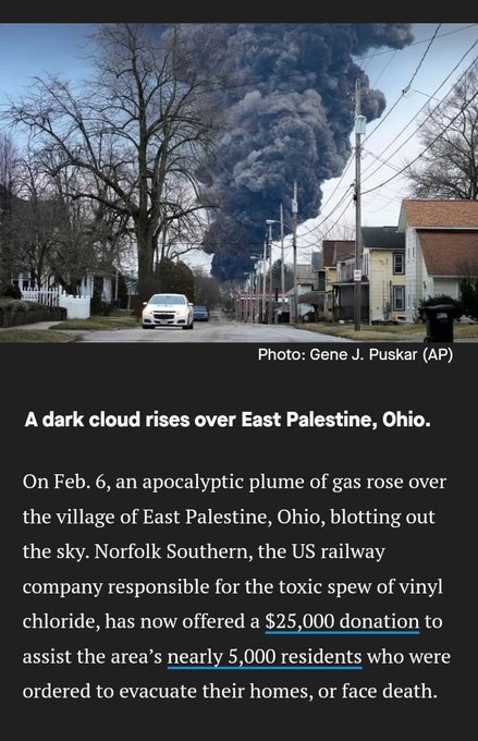 A dark cloud rises over East Palestine, Ohio. Photo: Gene J. Puskar (AP) On Feb. 6, an apocalyptic plume of gas rose over the village of East Palestine, Ohio, blotting out the sky. Norfolk Southern, the US railway company responsible for the toxic spew of vinyl chloride, has now offered a $25,000 donation to assist the area’s nearly 5,000 residents who were ordered to evacuate their homes, or face death.