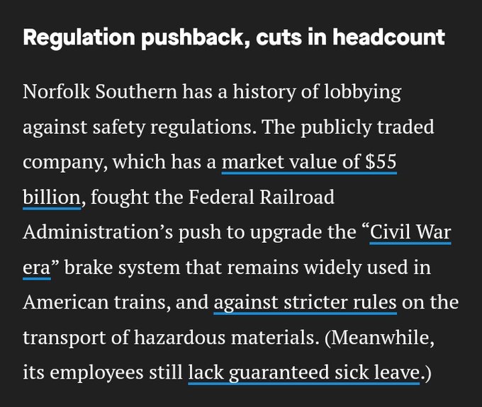 Regulation pushback, cuts in headcount Norfolk Southern has a history of lobbying against safety regulations. The publicly traded company, which has a market value of $55 billion, fought the Federal Railroad Administration’s push to upgrade the “Civil War era” brake system that remains widely used in American trains, and against stricter rules on the transport of hazardous materials. (Meanwhile, its employees still lack guaranteed sick leave.)
