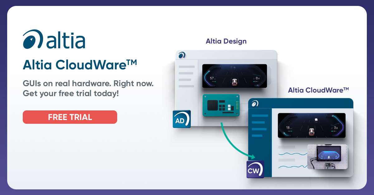 AltiaHMI's tweet image. Get a headstart on your GUI project with a FREE trial of Altia CloudWare™! Work in real-time with team members from anywhere in the world on the same hardware-software-toolchain stack. It's all in the cloud! #GUIdevelopment #Collaboration #PoweredByAltia
hubs.ly/Q01BgqNC0
