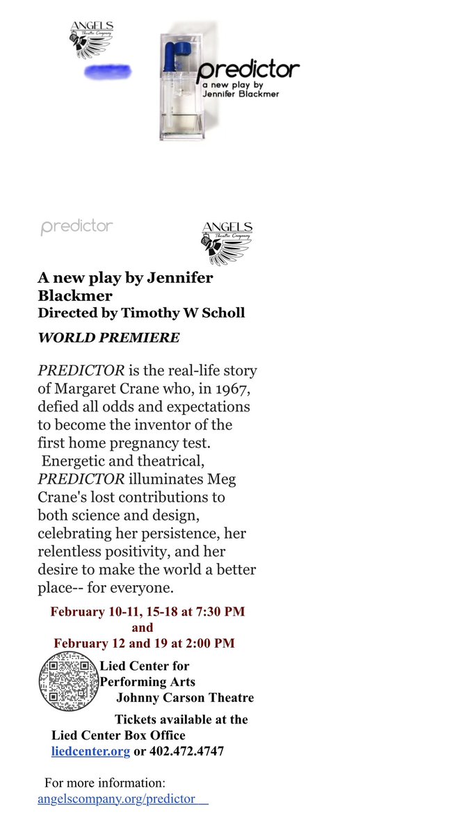 Tomorrow is World Premier of Predictor, a fascinating play @ the unsung world hero, Meg Crane, who invented & patented the home pregnancy test, helping millions of women. She received nothing for her brilliance and was only recently acknowledged for her contributions to medicine.