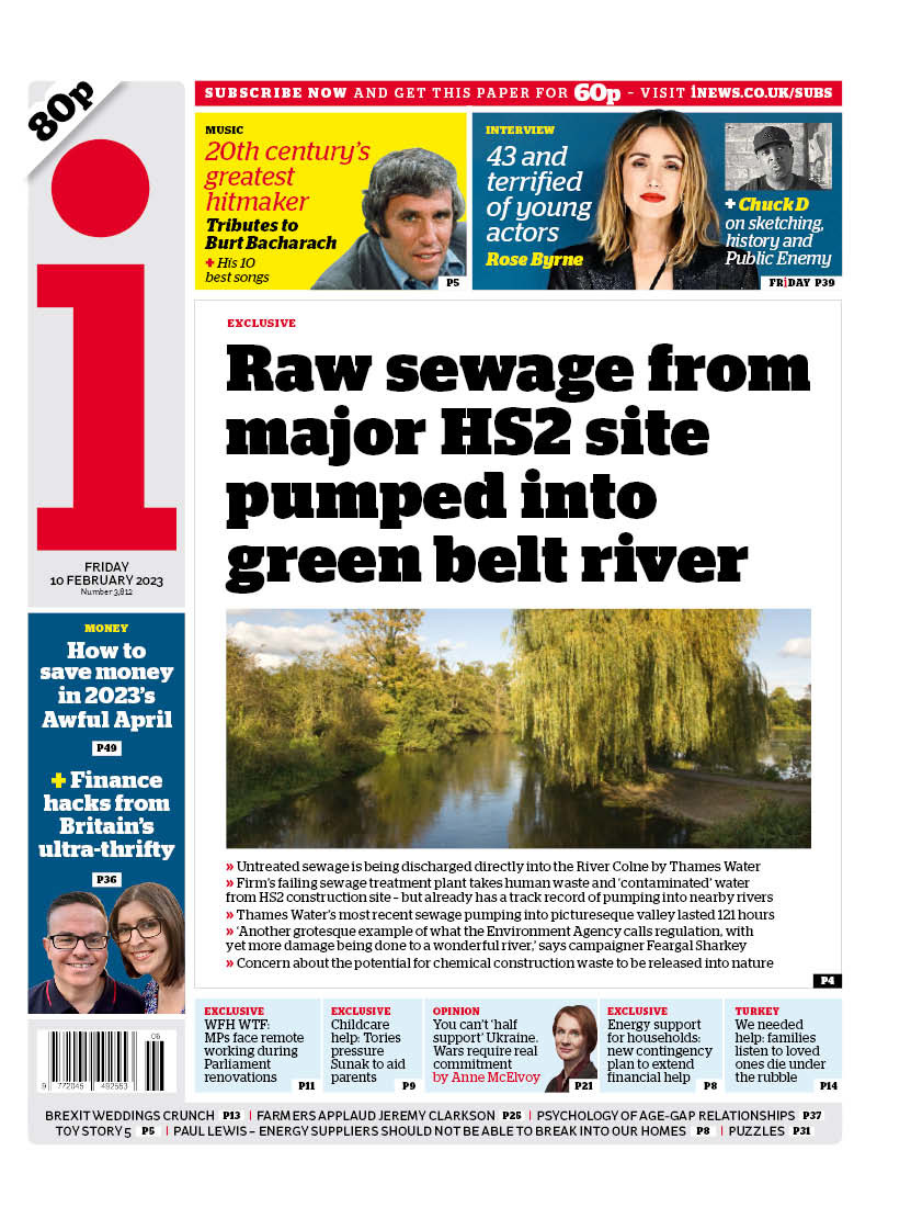 Friday's i: "Raw sewage from major HS2 site pumped into green belt river" #BBCPapers #TomorrowsPapersToday bbc.in/40NOdZs