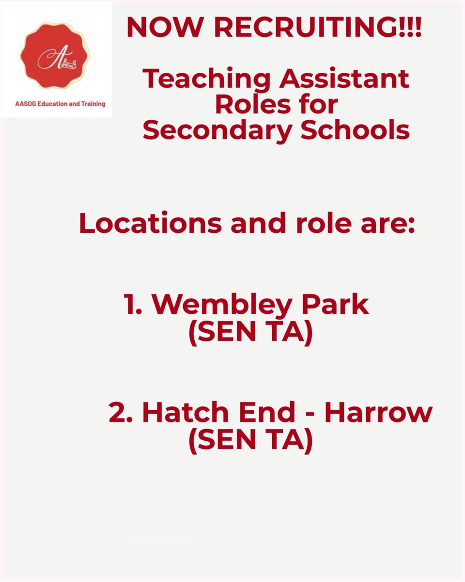 Calling ALL #teachingassistant are you looking for a #fulltimejob at these locations.

We also provide nationally recognised teaching qualifications , visit us at aasog.co.uk

Contact us now 🥰🥰🥰. 
#nurseryteacher 
#wembley
#wembleypark 
#hatchend 
#harrow