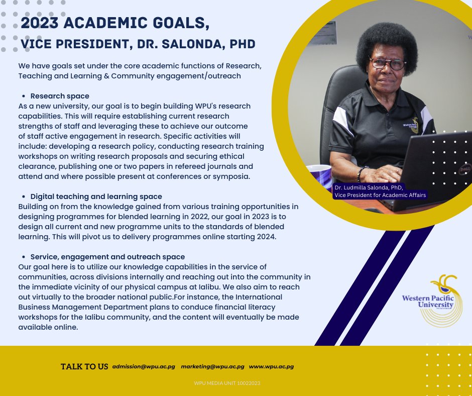 WPU_PNG's tweet photo. WPU Academic Goals for the 2023 Academic Year, as highlighted by our Vice President for Academic Affairs, Dr. Ludmilla Salonda, PhD.
#ourhistory23 #studyatwpu #academicgoals https://t.co/9ueZ1HqWwJ