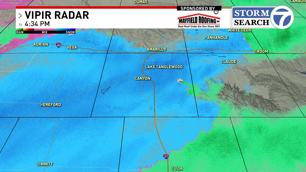 JoePumaWSOC9's tweet photo. 4:34 PM: The snow band conditions to shift south now extending from Washburn to Canyon to Hereford. Some areas may see a burst of heavy snow within this band. Be careful and slow down. Roads are wet. 
@abc7amarillo #txwx https://t.co/eW1kJZ4iqX