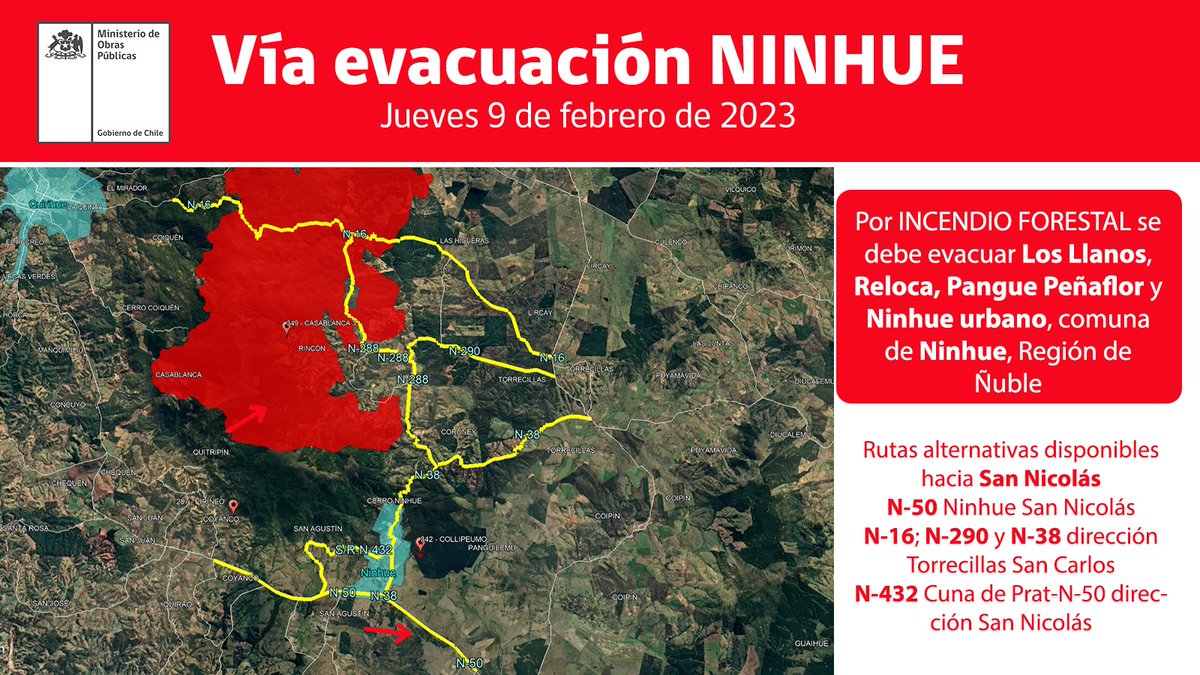 NUBLEONLINE_'s tweet photo. URGENTE EN ÑUBLE  : 🔴Atención.

🔴 #MOPInforma Por incendio forestal se debe evacuar LosLlanos, Ninhue urbano (o pueblo de Ninhue), Reloca, PanguePeñaflor,  👉 Revisa vías alternativas en color amarillo 🚧 Principal N-50 dirección San Nicolás/ N-38 Ninhue Torrecillas 
Ñuble https://t.co/EKvW8bKzGA