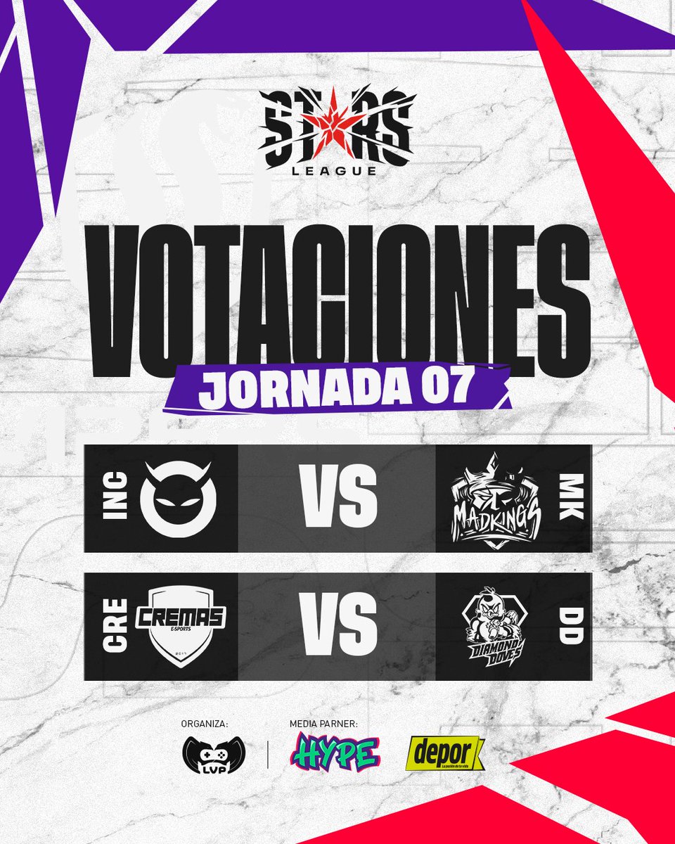 Señoras y señores, nos place dar apertura al momento de votaciones de la jornada 7 🗳️

Esta noche se miden por la #StarsLeague:

😈 @incubus_club vs <a href="/madkingsesports/">Mad Kings Esports</a> 👑 
🍦 <a href="/CremasEsports/">Cremas Esports</a> vs <a href="/DiamondDovesOrg/">Diamond Doves</a> 🕊️

Este espacio es todo suyo ⏬