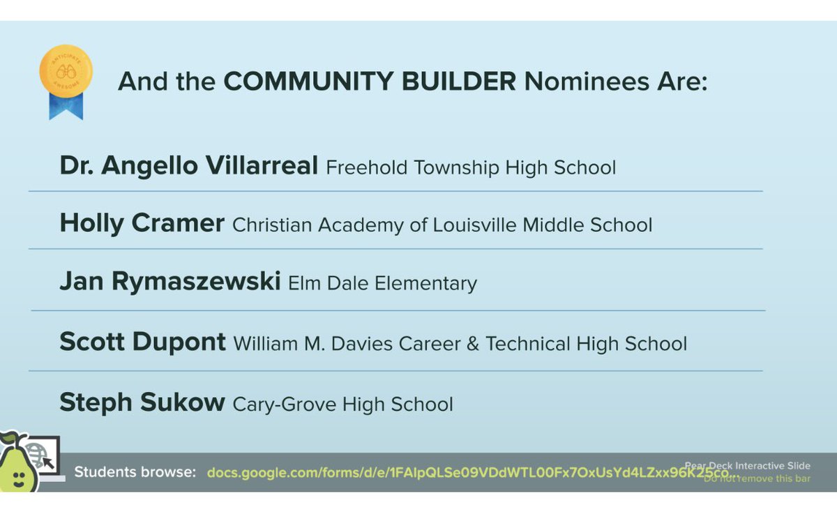 We are honored to share that <a href="/FTHSPatriots/">Freehold Township High School</a>, <a href="/MagistraKiernan/">Magistra K</a> &amp; myself are finalists for the <a href="/PearDeck/">Pear Deck Learning</a> National Peary Awards! 
Vote for Freehold Township High School: 
docs.google.com/forms/d/e/1FAI…

Vote for Ms.Kiernan:
docs.google.com/forms/d/e/1FAI…

Vote for me🤓:
docs.google.com/forms/d/e/1FAI…
