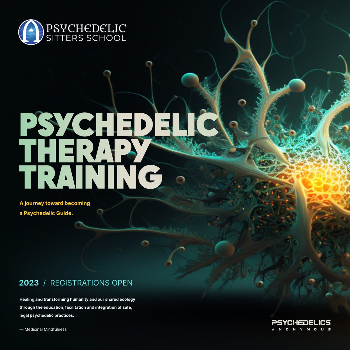 /  M E D I C I N A L
/  M I N D F U L N E S S

Psychedelic Therapy Training – A journey toward becoming a Psychedelic Guide.

Psychedelics Anonymous has partnered with @CenterforMM to offer our community a $500 Enrollment Discount.

Details in Discord.