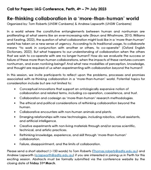 Calling all #morethanhuman scholars! Very excited to be convening this @cultgeogau session with @A_Lapworth at the 2023 IAG Conference on Whadjuk Boodjar (Perth), on the theme of 'more-than-human' collaboration. Please send us a short abstract if you would like to contribute!