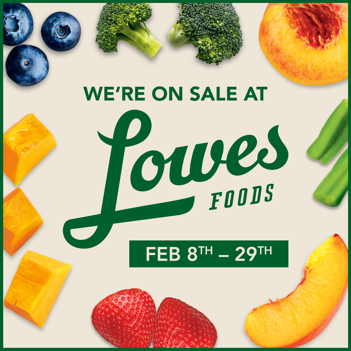 Great news! 🌿 Our delicious frozen fruits + veggies are now on sale at <a href="/LowesFoods/">Lowes Foods</a> now through the end of the month! Be sure to stock up and save! 😍 #lowes #lowesfood #midatlantic #frozenfruit #frozenveggies #onsale #eatlocal