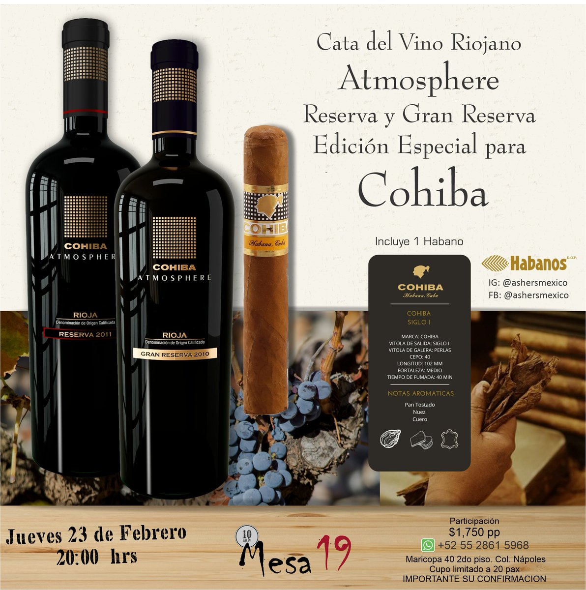 LaMesa19's tweet photo. A los amantes de los Puros y Habanos, tenemos un gran evento para ustedes.
CATA DEL VINO RIOJANO ATMOSPHERE RESERVA Y GRAN RESERVA EDICIÓN ESPECIAL PARA COHIBA

Fecha: 23 de Febrero
Hora: 20:00
Toda la información aqui https://t.co/aQlF79pwoO https://t.co/V5qSFYNCiB