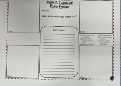 I taught a lot of Main Idea during placement. This is an activity I did with my students to help them with main idea. I did a read aloud where the students wrote ideas on a sticky note. Later, they formed groups, and crafted level 4 answer combining all ideas.  <a href="/PJLanguageArts/">PJ Language Arts Methodology UWindsor</a>