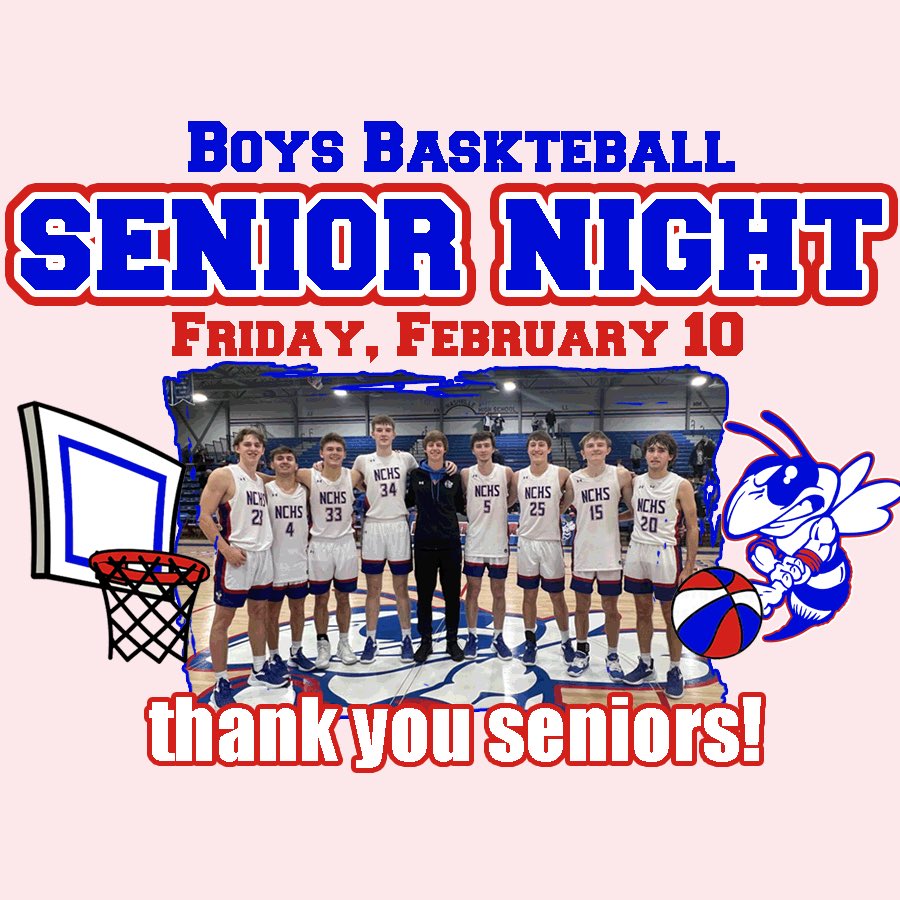 NchsFans's tweet photo. Friday, February 10 is senior night for our NCHS boys basketball and cheerleaders!! come out and support our seniors!! https://t.co/WGbraYxGdI