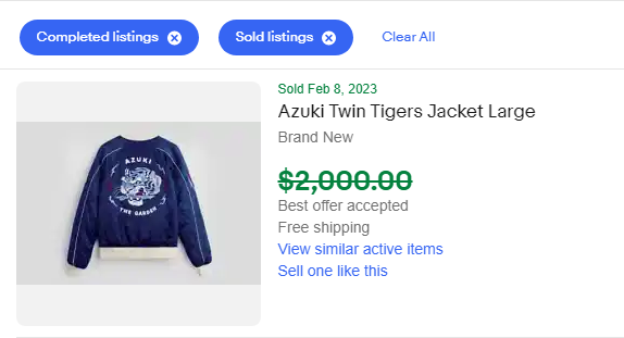 songonchain's tweet image. Twin Tiger Jacket sold for $1700 on eBay @AzukiOfficial ⛩️