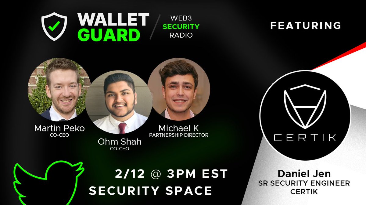 wallet_guard's tweet photo. Join us on Sunday @ 3PM EST with Daniel Jen from @CertiK, where we will be discussing DeFi &amp; Smart Contract Security!
 
Set your reminders below 👇🏾
https://t.co/KjvLkCwOoX https://t.co/gAy8k7GDc6