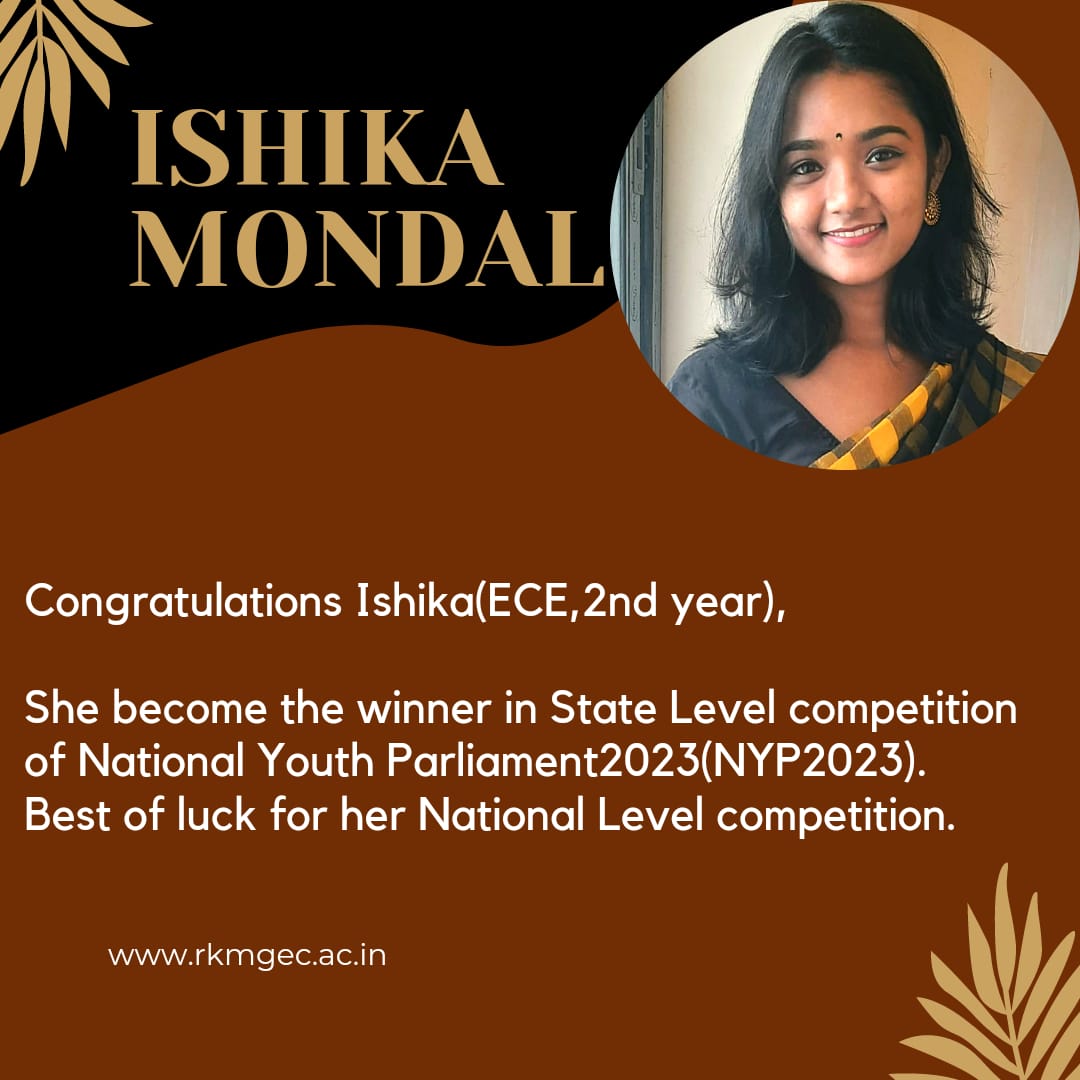 Congratulations to Ishika Mondal, a volunteer of NSS unit of RKMGEC, for becoming the winner in State level Competition of National Youth Parliament Festival 2023( NYPF 2023). Best Wishes for the National level Competition. 
@rdnss_kolkata @_NSSIndia @Nyksindia