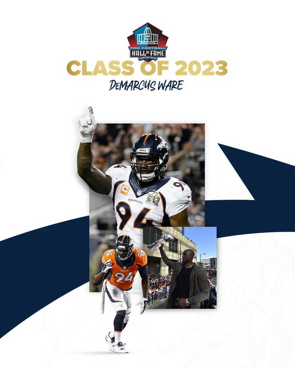 Broncos's tweet photo. D-Ware is headed to Canton! 👏

RT to congratulate @DeMarcusWare on being named to the @ProFootballHOF Class of 2023.

📰 » https://t.co/kMI4dEJJkQ https://t.co/oYoUcKSuNa