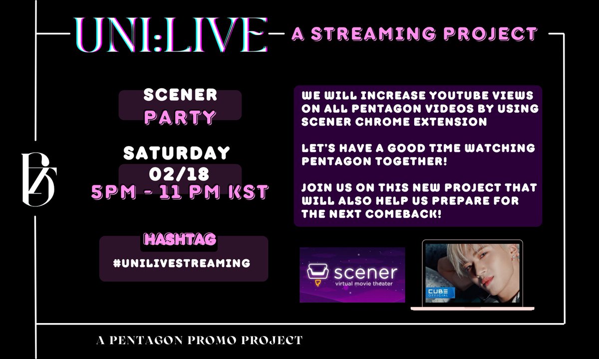 pentagon_promo's tweet photo. [UNI:LIVE STREAMING 🎶]

UNIVERSE we want to invite you to our next streaming project on Youtube! 
Let’s join forces and enjoy #PENTAGON videos together 💜

📅02/18 from 5pm KST to 11pm KST 

✨More info on the image below!

👇Tutorial for Scener is in the replies!

@CUBE_PTG https://t.co/2bfNVDZsAt