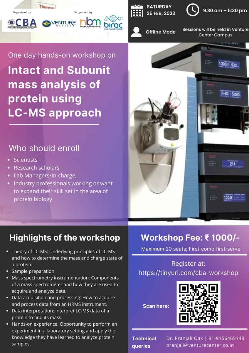 CBA @venture_center  is pleased to #announce One day #handson #workshop on 'Intact and subunit mass analysis of protein using LC-MS approach'

For more details visit: lnkd.in/dYDf3qdq

#nationalbiopharmamission #biopharma #massspectrometry #massspec